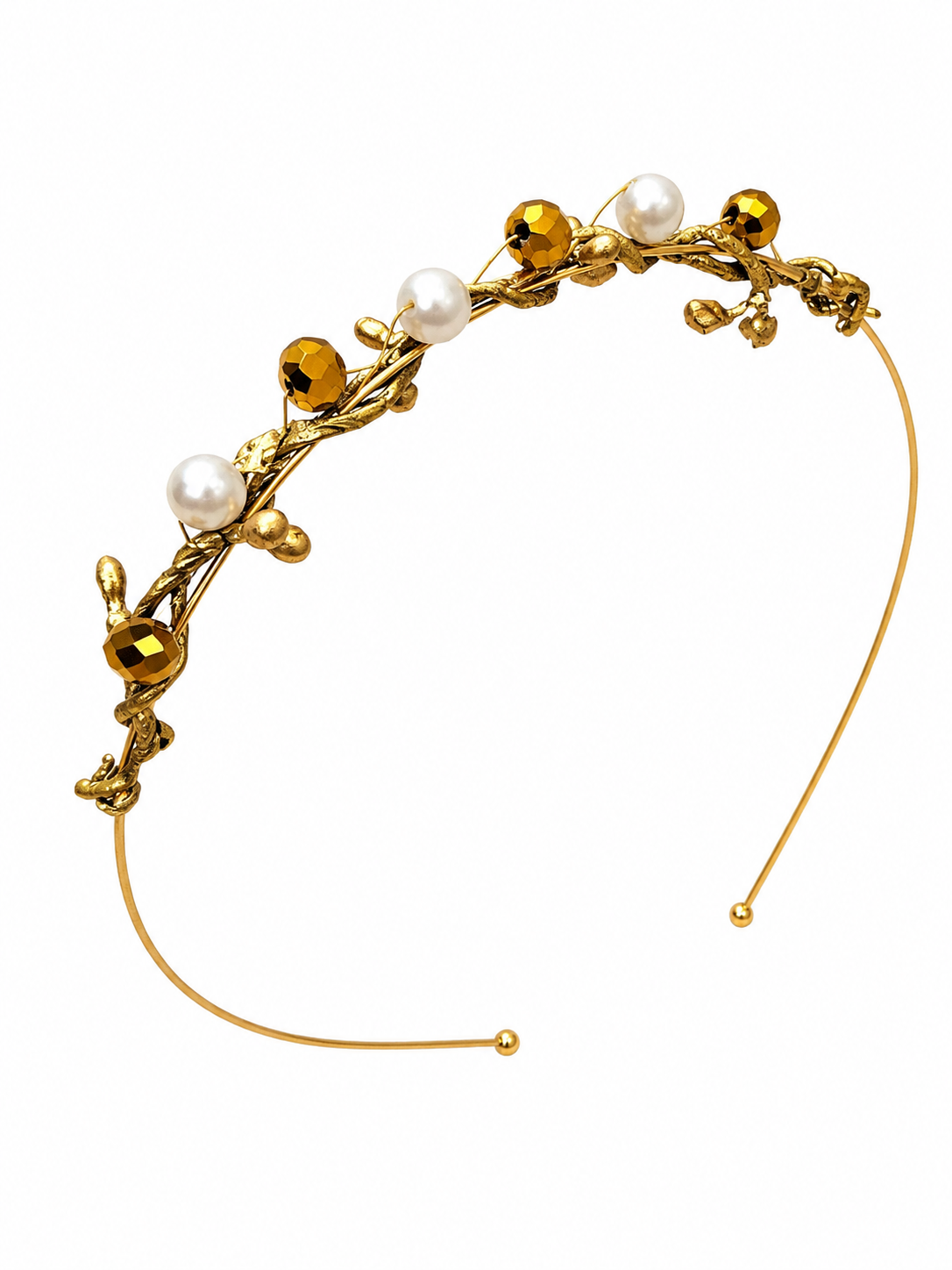 Gold-plated crystal headband with ice Gold-plated crystal headband with gold crystal and pearl embellishments on a lightweight alice band