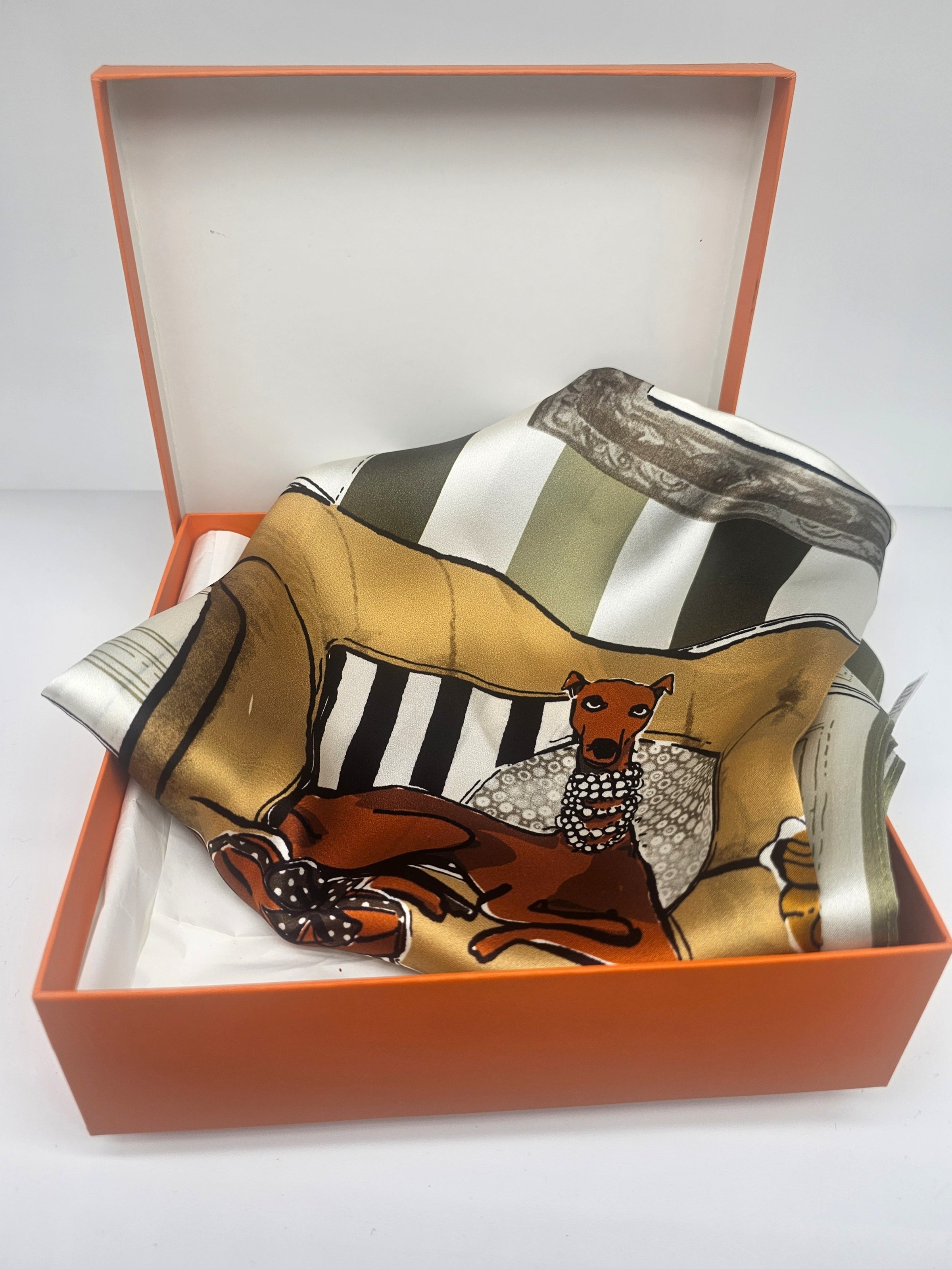 100% Mulberry Silk Square Scarf – Olive/Black/Marigold