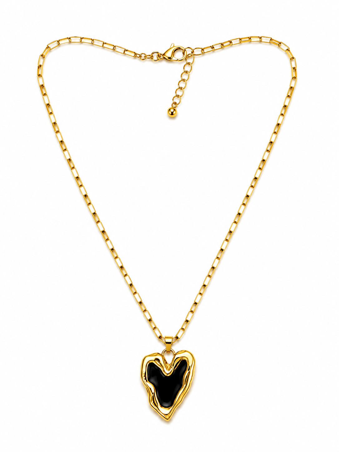 Gold tone stainless steel necklace with black heart pendant and rectangular link chain