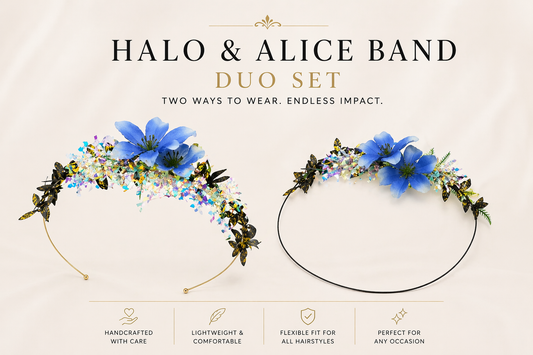 Blue floral halo and alice band headpiece set with iridescent details, statement crown hair accessories for weddings and events