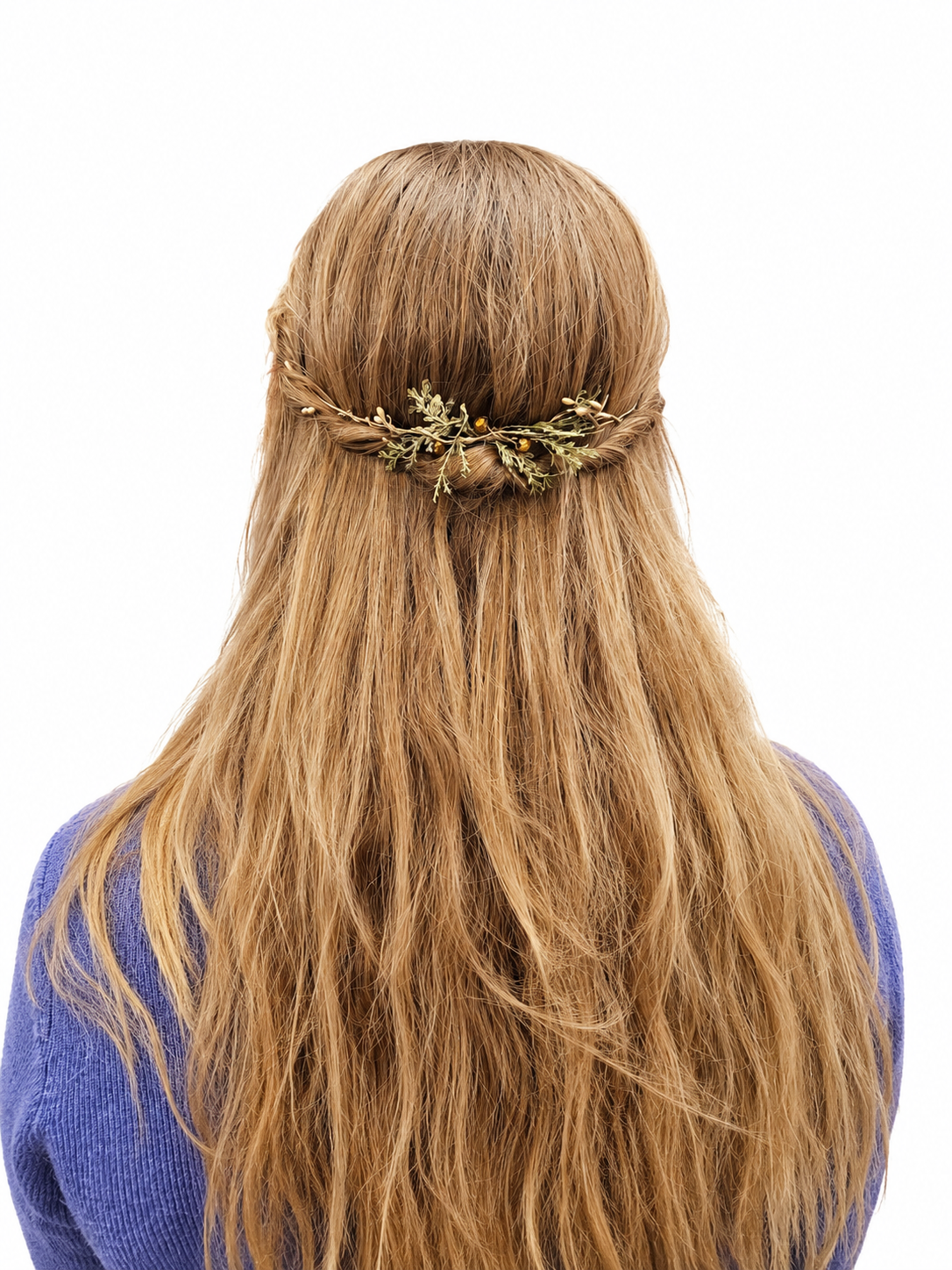 Ethereal goddess gold leaf Alice band worn to the back of the hair 