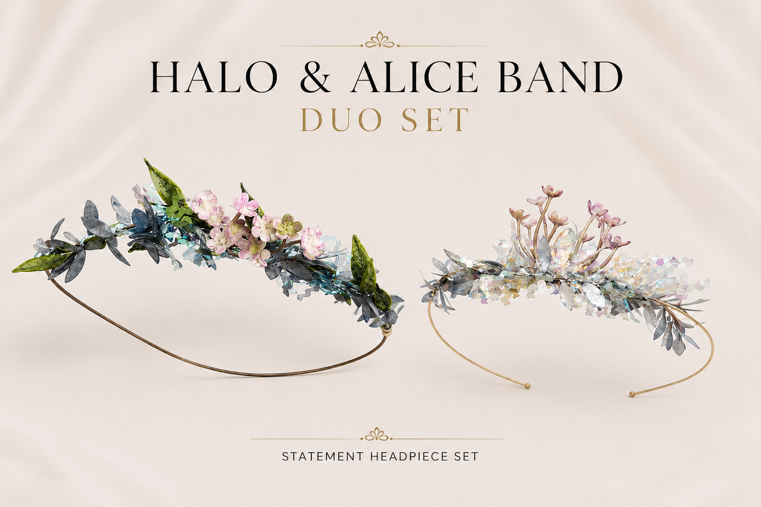 Blue floral crown headpiece set featuring an adjustable halo headband and matching gold-plated Alice band, ideal for weddings and special occasions.