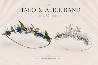 Blue floral crown headpiece set featuring an adjustable halo headband and matching gold-plated Alice band, ideal for weddings and special occasions.