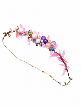 Handcrafted pink crystal tiara headband with gold wrapped wire and assorted crystals.