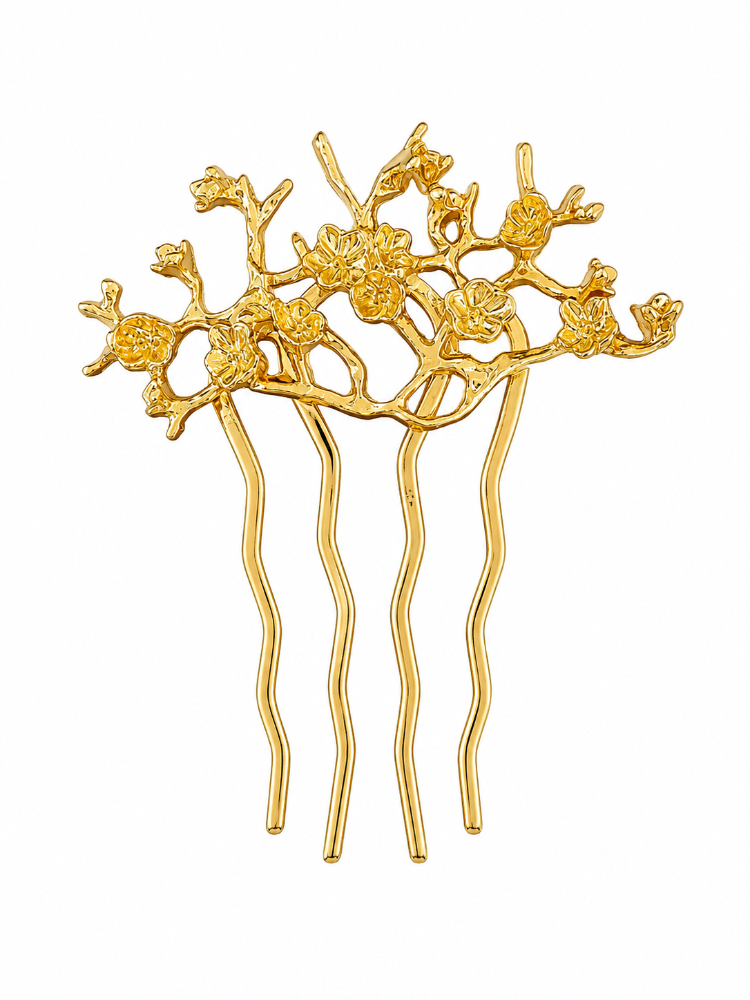 Gold floral hair comb with intricate blossom branch design for buns, French twists, and half-up hairstyles