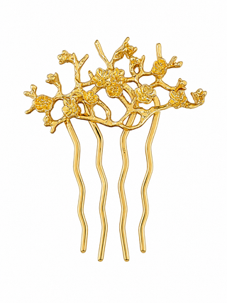 Gold floral hair comb with intricate blossom branch design for buns, French twists, and half-up hairstyles