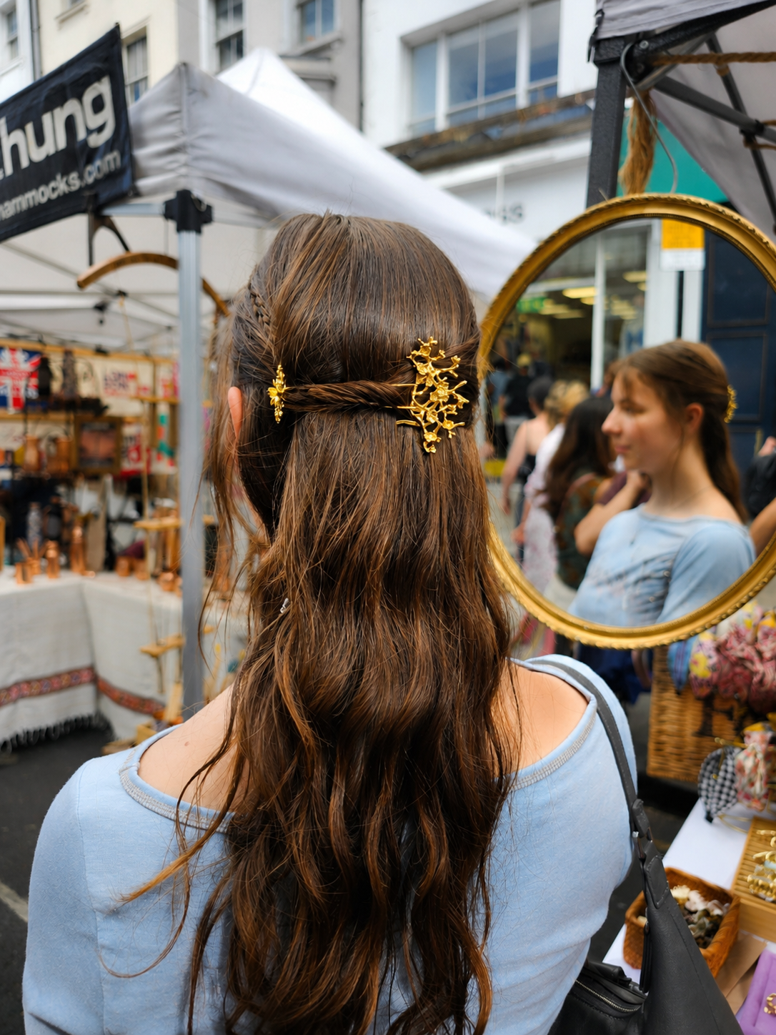 Gold floral hair comb with intricate blossom branch design for buns half-up hairstyles