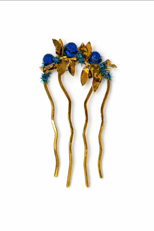 Handmade crystal gold and blue hair pin