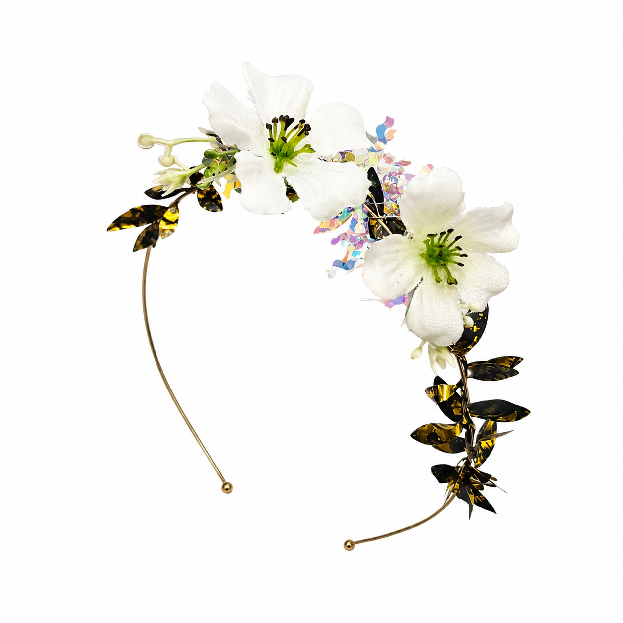 Handcrafted white floral statement headpiece with artificial flowers and gold botanical accents on a lightweight gold-plated alice band