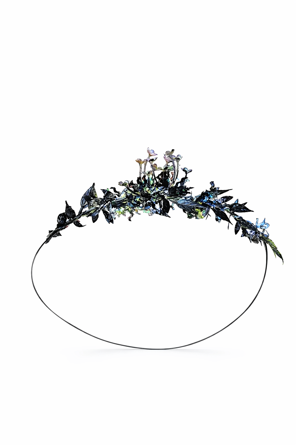 Black floral halo headpiece with iridescent details, statement crown hair accessory for weddings and events