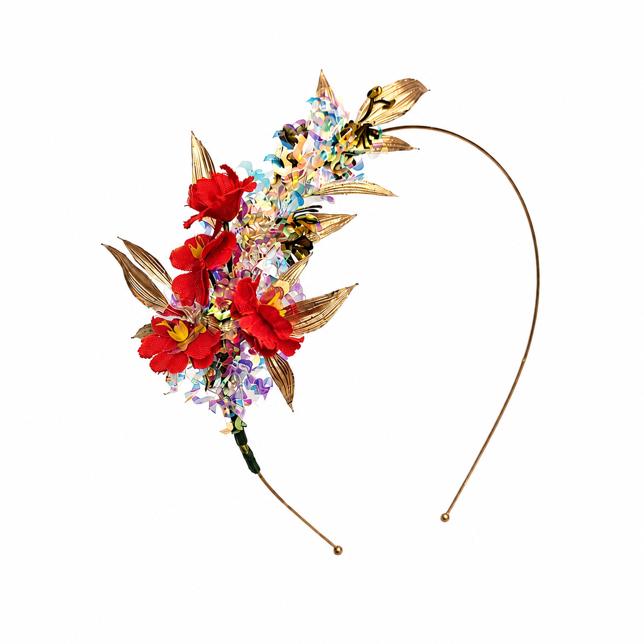 Handcrafted red floral statement headband with artificial flowers, iridescent embellishments, and gold botanical accents on a lightweight gold-plated alice band
