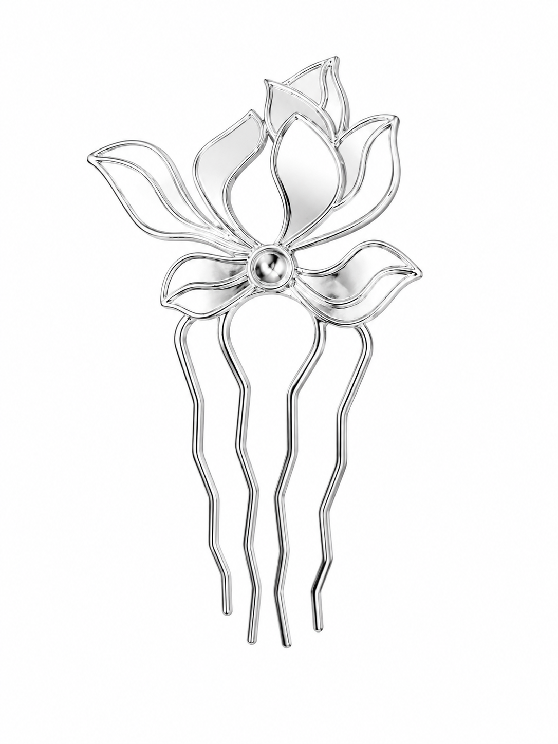Silver lotus flower hair comb on a white background