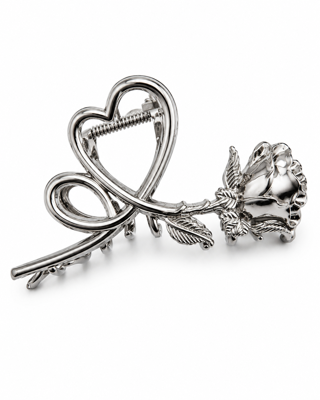 Strong silver metal claw clip featuring a sculpted rose flower and heart-shaped design with a secure strong-grip claw mechanism.
