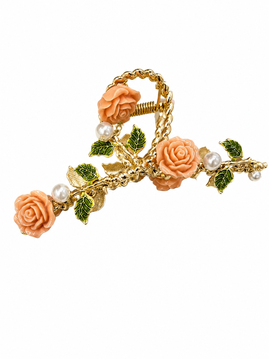 Strong brass floral claw clip with pink roses, pearl details, and green enamel leaves, gold-tone metal hair accessory for thick and medium hair.