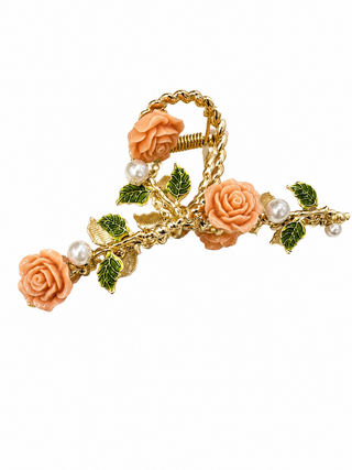 Strong brass floral claw clip with pink roses, pearl details, and green enamel leaves, gold-tone metal hair accessory for thick and medium hair.