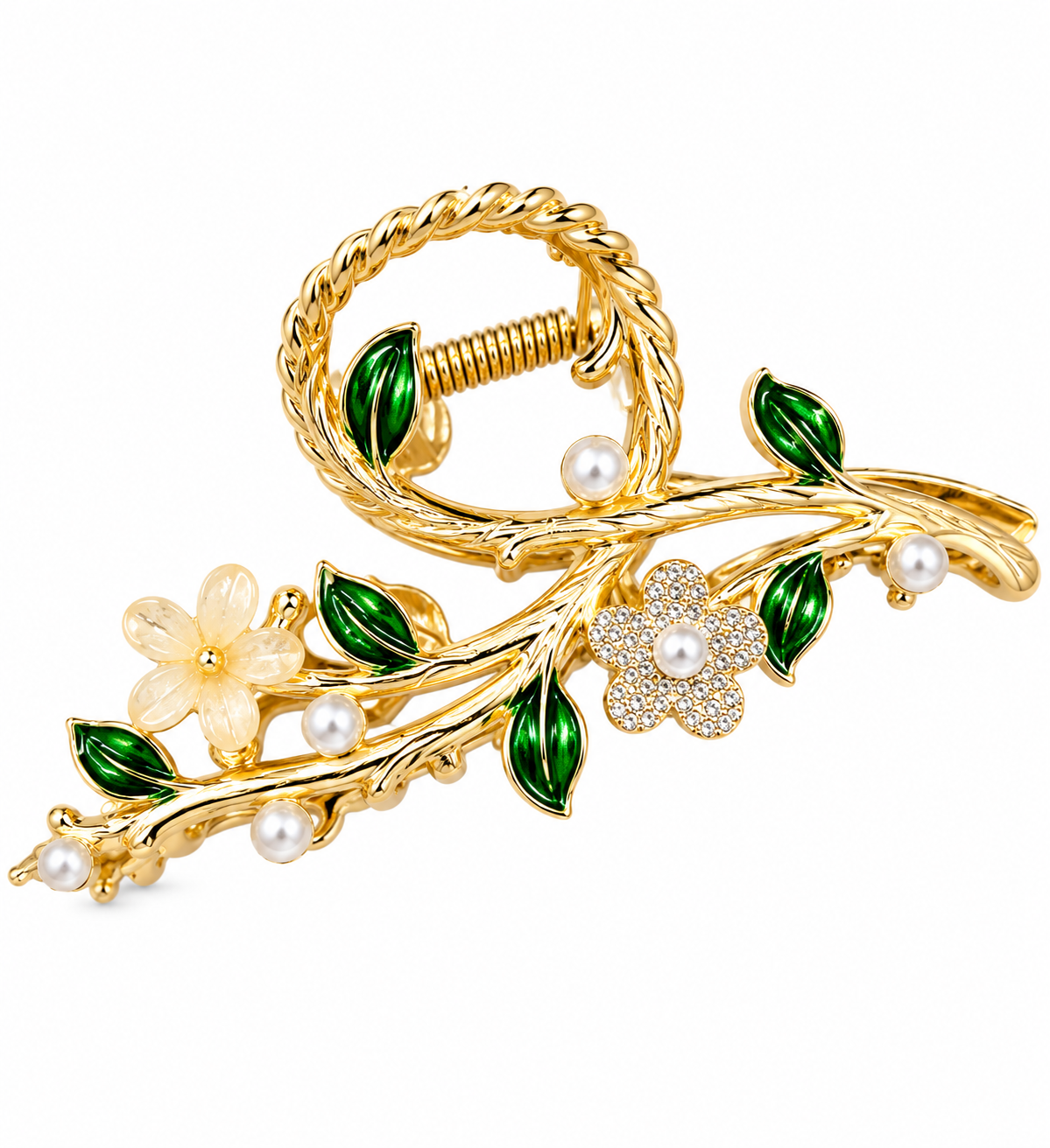 Strong brass metal claw clip featuring white floral details, green enamel leaves, pearl accents, and crystal embellishments on a gold-tone botanical hair accessory.