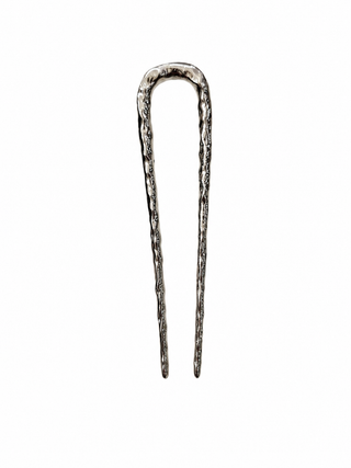 Textured stainless steel hair pin with polished silver finish