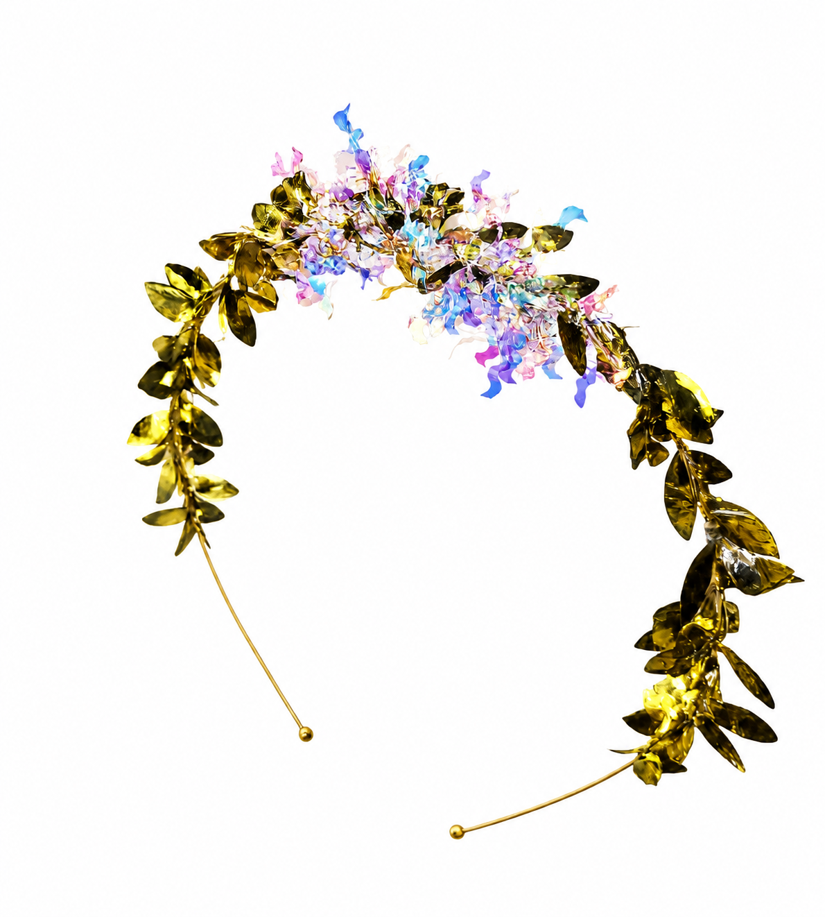Gold floral alice band with sculpted metallic leaves and pastel 