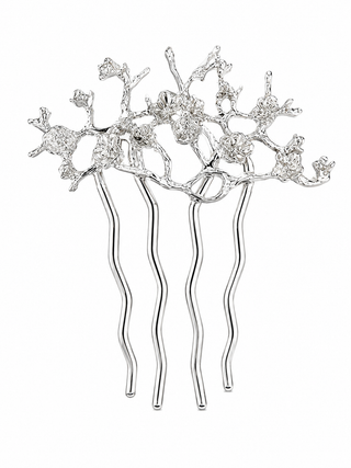 Silver floral hair comb with intricate blossom branch design for buns, French twists, and half-up hairstyles