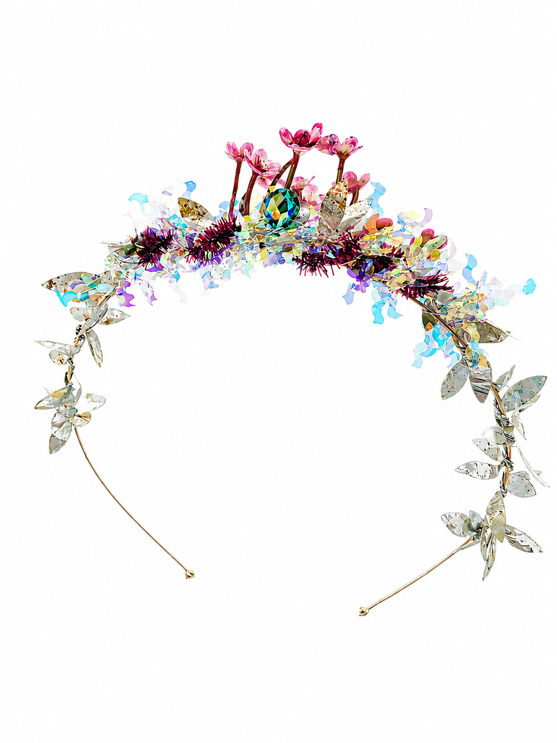 Multicolored floral headband with crystals on a white background