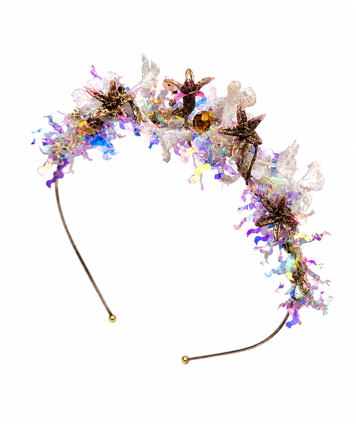floral headband with gold accents on a white background