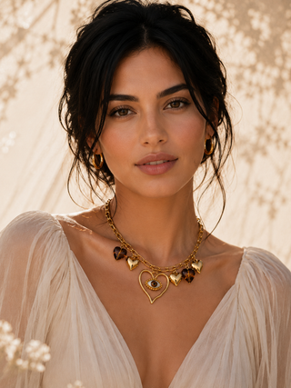 Woman wearing gold heart charm necklace with evil eye pendant