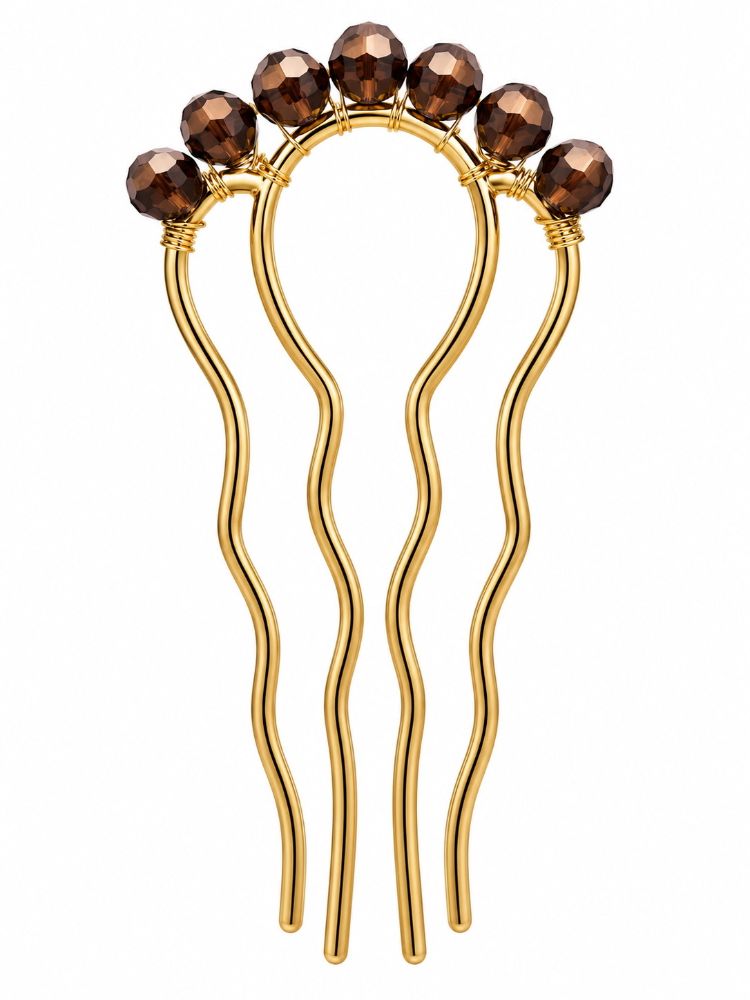 Handmade brass hair comb with faceted coffee-coloured crystal beads and flexible design.