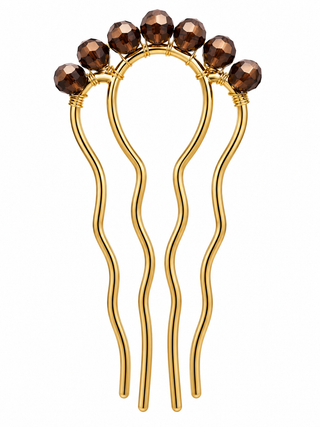 Handmade brass hair comb with faceted coffee-coloured crystal beads and flexible design.