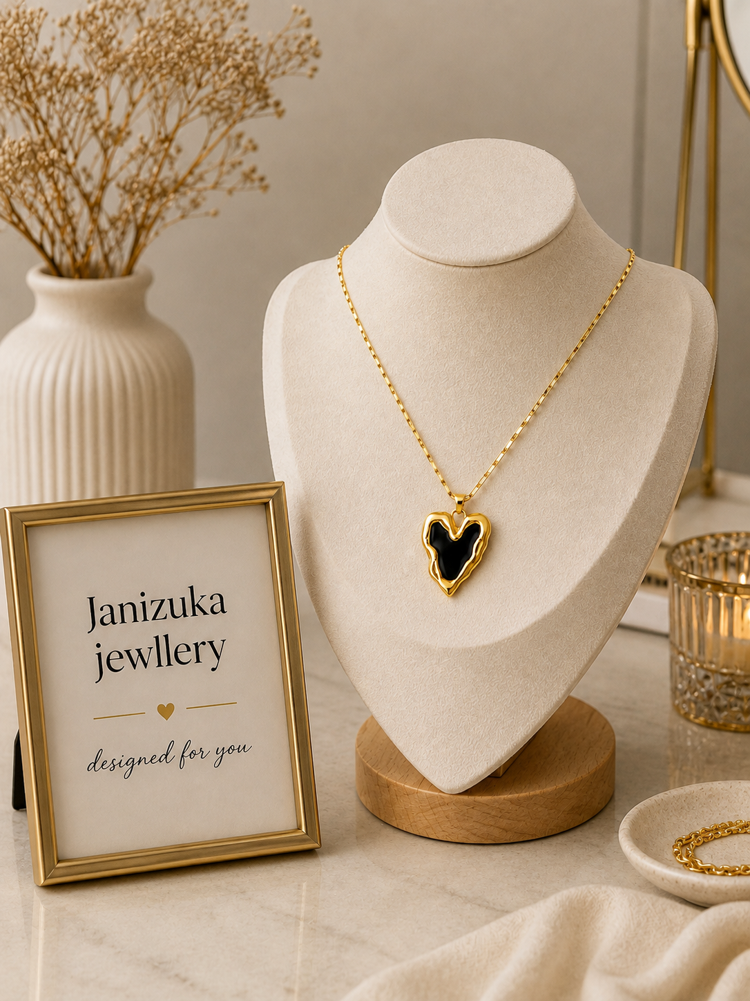 Gold tone stainless steel statement necklace featuring a glossy black heart pendant