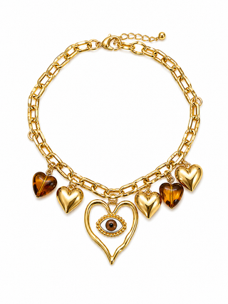 Gold heart and evil eye charm necklace with amber heart pendants