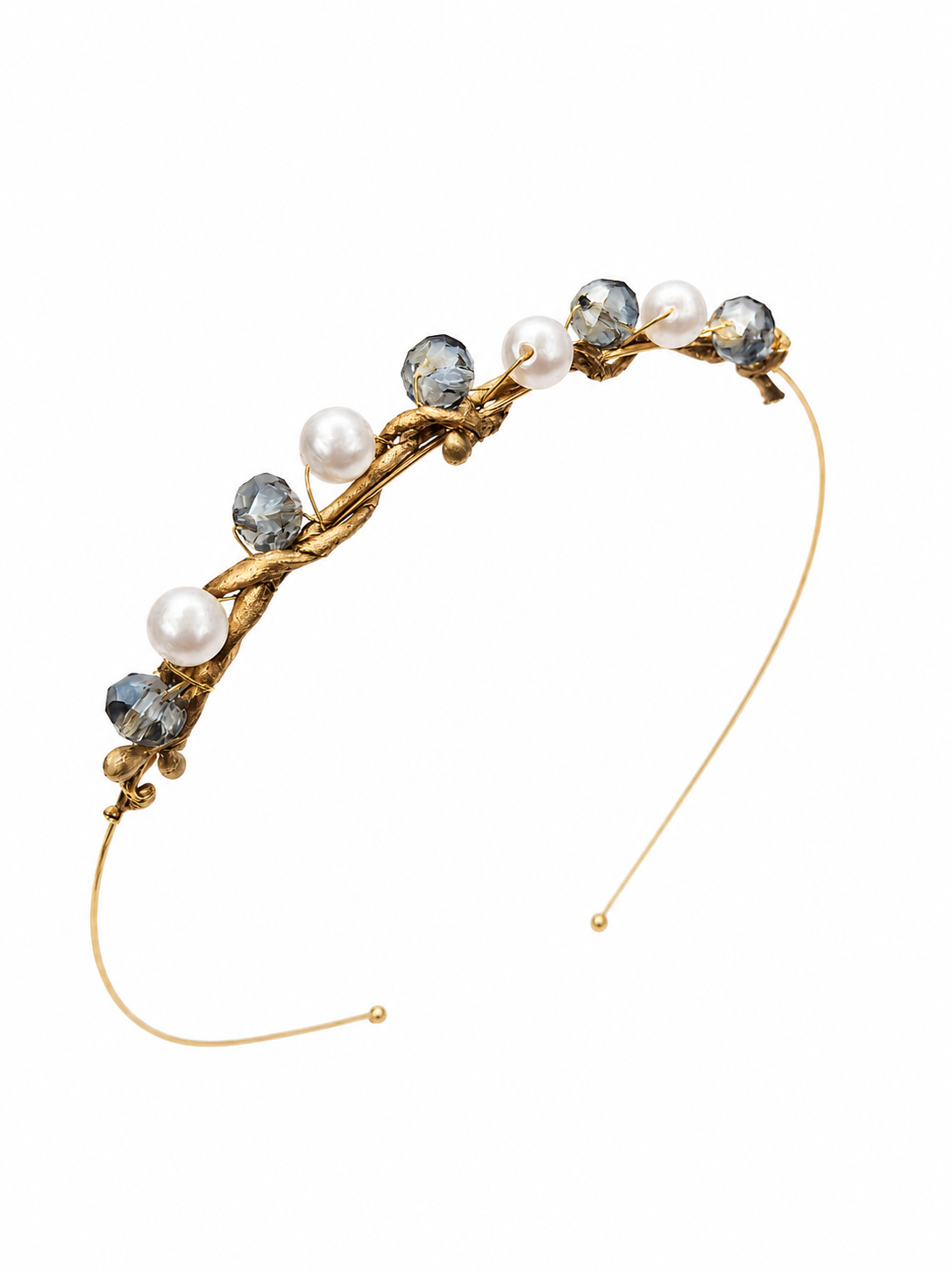 Gold-plated crystal headband with ice blue crystals and pearl embellishments on a lightweight alice band