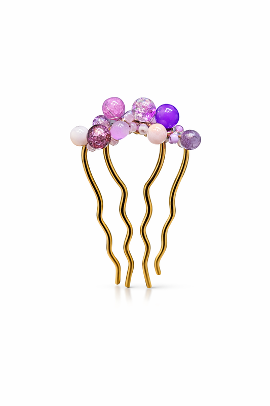 Hairpin with colorful beads and gold hairpins on a white background