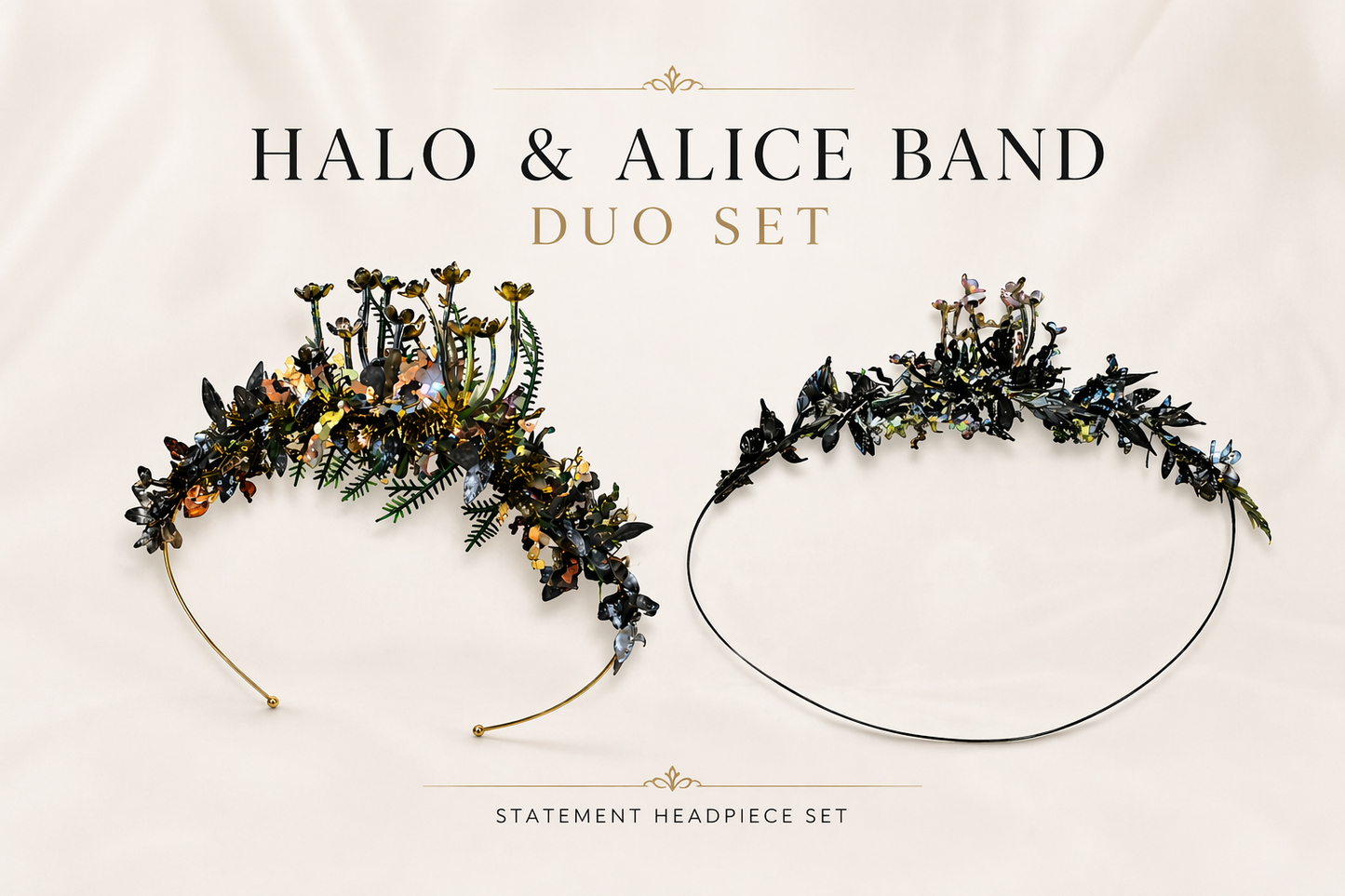 Black Floral Crown Headpiece – Halo & Alice Band Set, Statement Hair Accessory for Weddings & Events