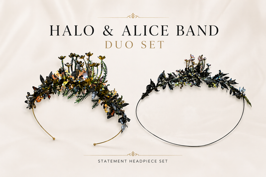 Black Floral Crown Headpiece – Halo & Alice Band Set, Statement Hair Accessory for Weddings & Events
