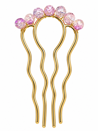 Handmade pink crystal flexible hair comb with gold-tone finish for bridal and wedding hairstyles.