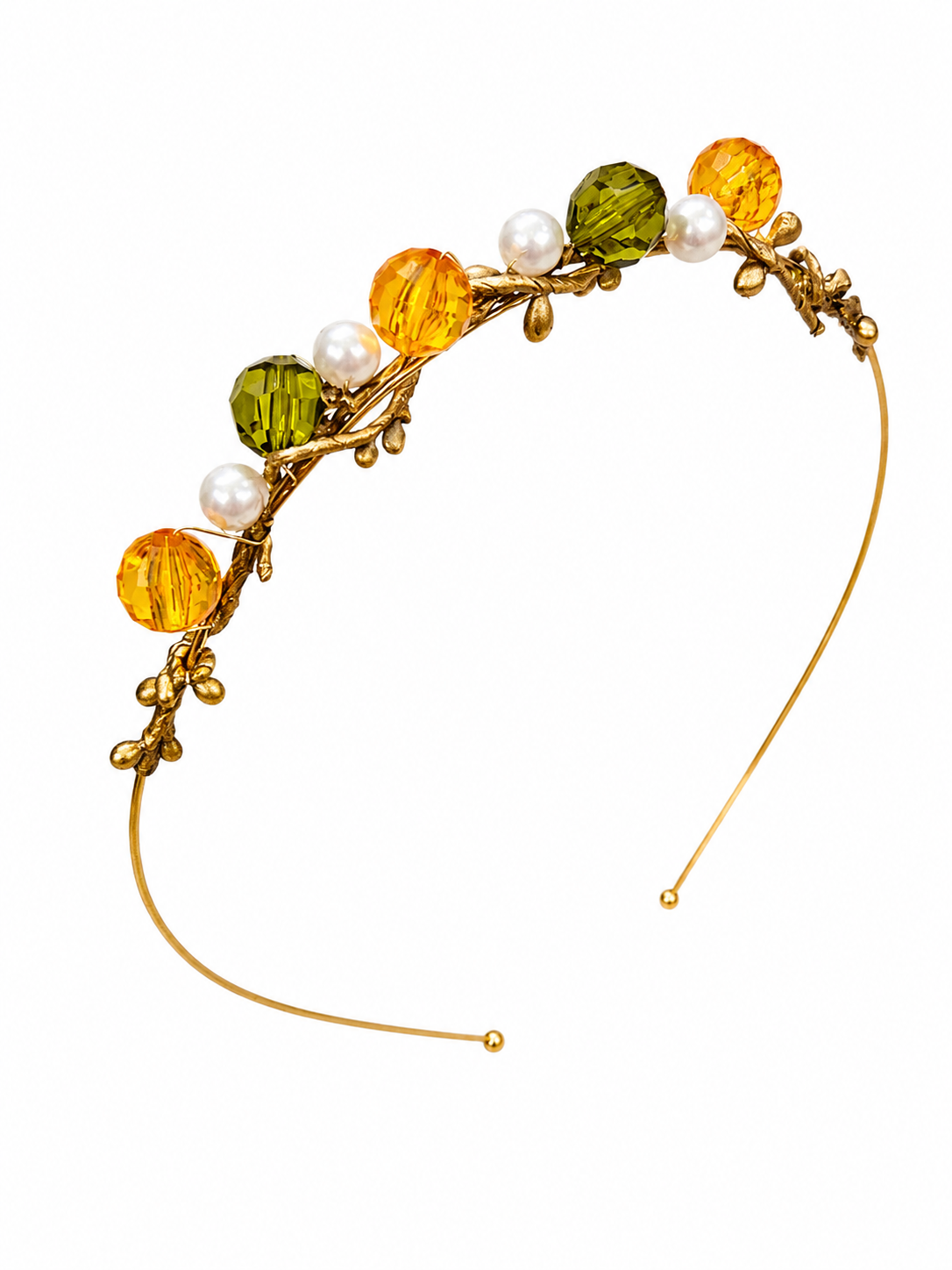 Gold headband with colorful beads on a white background