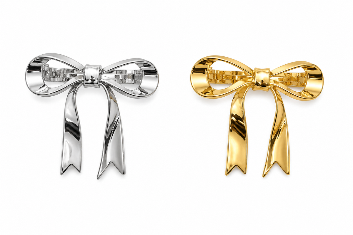stainless steel bow hair clip with polished ribbon design